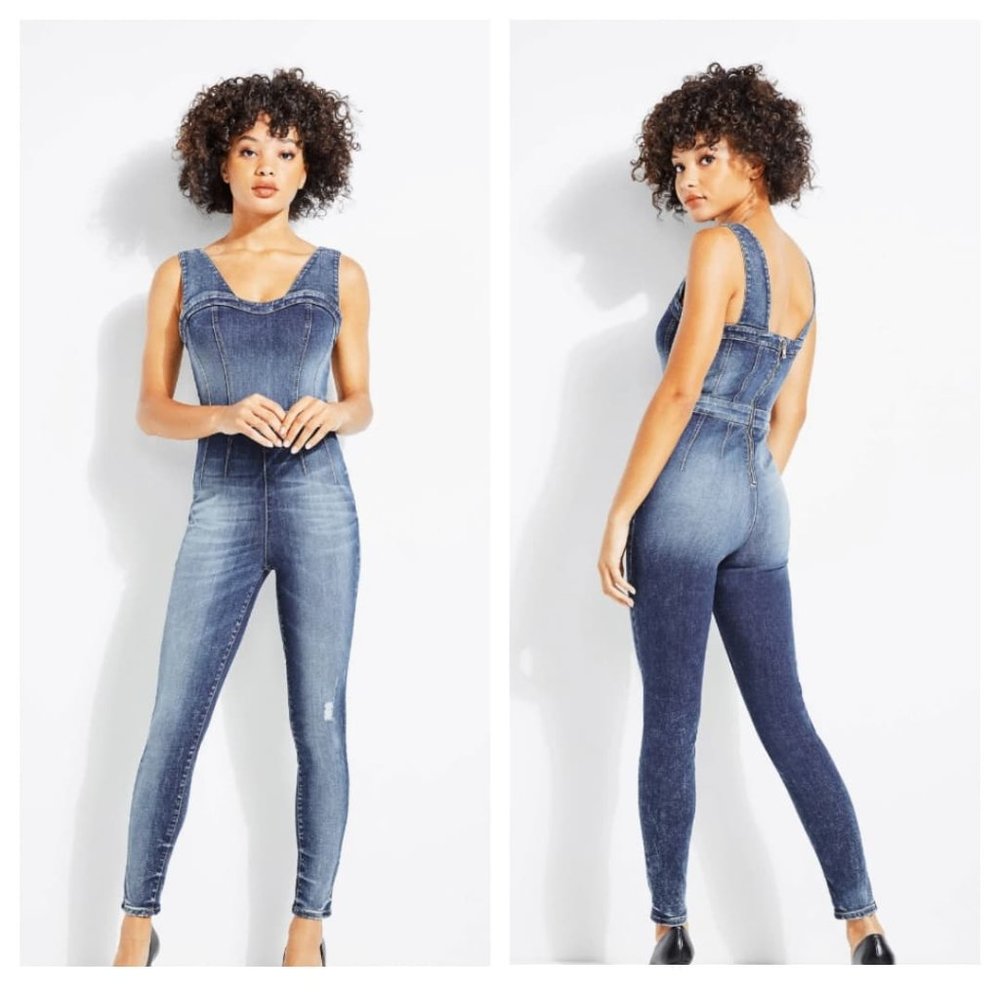 GUESS Women's Nada Paneled Denim Jumpsuit sz S - Picture 1 of 12